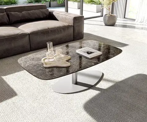 Konferenčné stolíky DELIFE Konferenčný stolík Edge zaoblený tvar 120x70 cm keramika Laminam® Emperador Extra Lucidato tmavohnedá Vibany nerezová oceľ kefovaná