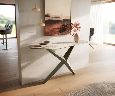 Konzolové stolíky DELIFE Konzolový stolík Edge polygonálny 140×50 cm keramika Minas melange bielo-béžová Zentharo kov titánová farba