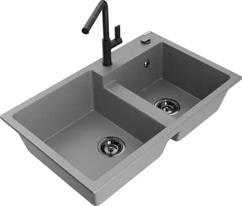 Kuchynské drezy MEXEN/S MEXEN/S - Tomas granitový drez 2-bowl vrátane batérie Flora, šedá 6516-71-670401-70-B