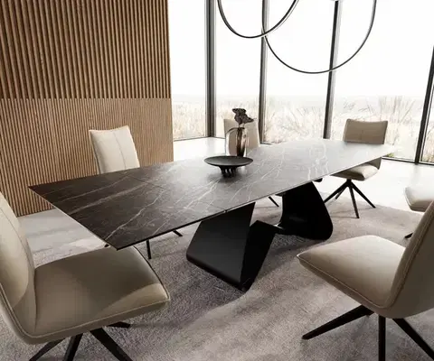Jedálenské stoly DELIFE Jedálenský stôl Edge 200-300x100 keramika Laminam®Noir Desir hnedá podstava v tvare W čierna rozkladací