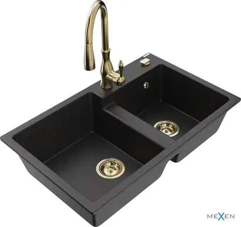 Kuchynské drezy MEXEN/S MEXEN/S - Tomas granitový drez 2-bowl vrátane batérie Savita, čierna/strieborná metalík 6516-73-672601-50