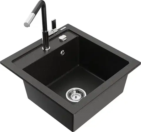 Kuchynské drezy MEXEN/S MEXEN/S - Vito granitový drez 1-miska vrátane batérie Flora, čierna/zlatá metalik 6503-75-670401-07