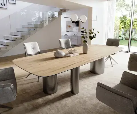 Jedálenské stoly DELIFE Jedálenský stôl Edge zaoblený 300×120 cm keramika Laminam® Sabbia dubová farba Troa nerezová oceľ grafitová