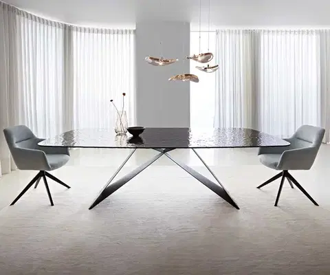 Jedálenské stoly DELIFE Jedálenský stôl Edge oválny 240x120 reliéfne sklo dymovo čierna 3D dizajn podstava v tvare V plochá oceľ čierna