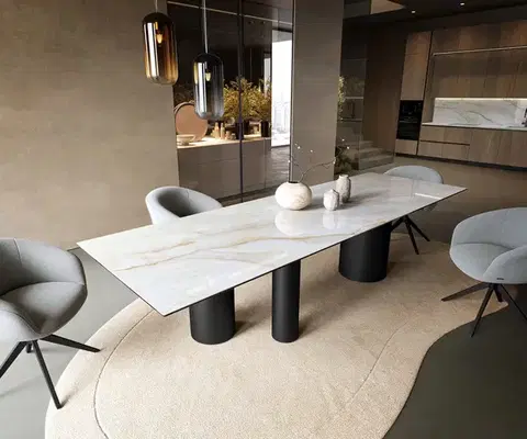 Jedálenské stoly DELIFE Jedálenský stôl Edge 300×100 cm keramika onyx perla Troa kov čierna