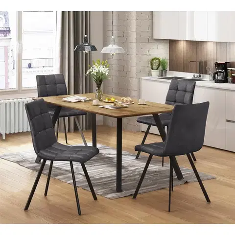 Jedálenské sety Jedálenský stôl BERGEN dub + 4 stoličky BERGEN sivé mikrovlákno