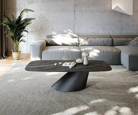 Konferenčné stolíky DELIFE Konferenčný stolík Edge zaoblený 140x80 cm keramika Laminam® Noir Desir hnedá Conis kov čierna