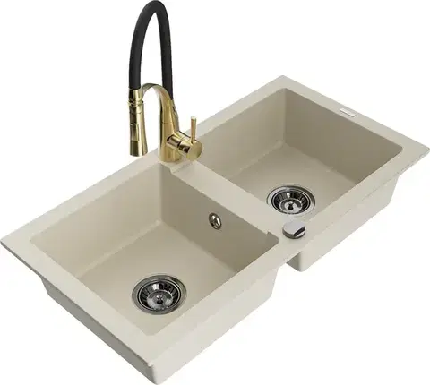 Kuchynské drezy MEXEN/S MEXEN/S - Mario granitový drez 2-bowl vrátane batérie Aster, bážová 6504-69-73450-57-B