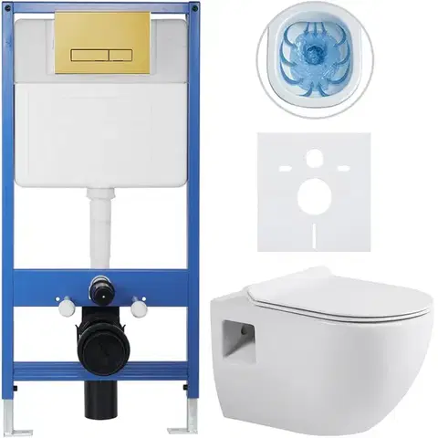 Záchody CERANO - Kompletný WC set Profi/Dure - biela lesklá - WC tlačidlo Slim/Zlatá - predstenová inštalácia - 51x35 CER-871070