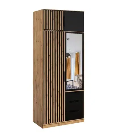 Šatníkové skrine ArtStol Šatníková skriňa BALI LUX D2 s nadstavcom | dub wotan/čierna