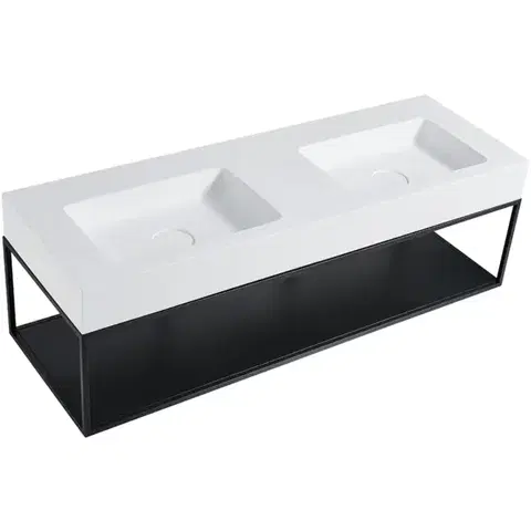 Umývadlá CERANO - Dvojumývadlo z liateho mramoru Geminia s podpornou konzolou - nástenné - biela matná/čierna matná - 133x46x45 CER-WA08-08SH