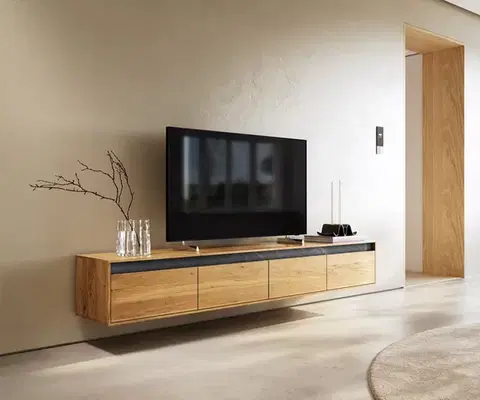 Televízne stolíky DELIFE Dizajnový TV stolík Stonegrace 200 cm dub prírodná bridlica 4 zásuvky závesný