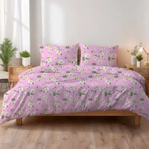 Obliečky Obliečky krepové Margarétky ružové TiaHome - 1x Vankúš 90x70cm, 1x Paplón 140x200cm