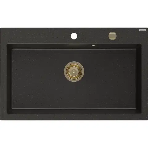 Kuchynské drezy MEXEN/S MEXEN/S - Elix granitový drez 1-miska 800 x 500 mm, čierna/zlatá metalik, sifón zlatá 6527801005-75-G