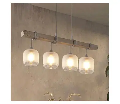 Svietidlá BRILAGI - Luster na lanku WOOD GLASS 4xE27/60W/230V borovica/sivá/biela EG49927A+4xNSTK7779