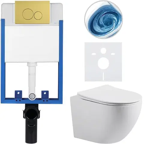 Záchody CERANO - Kompletný WC set Profi/Cesso - biela matná - WC tlačidlo Duo. zlatá - na zamurovanie - 49x36 CER-8050BD84346