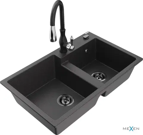 Kuchynské drezy MEXEN/S MEXEN/S - Tomas granitový drez 2-bowl vrátane batérie Savita, čierna kropenatá 6516-76-672601-70-B