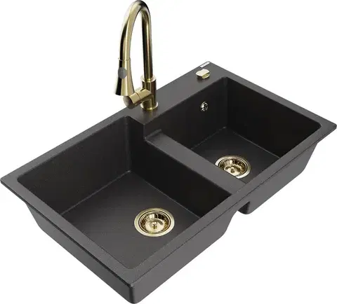 Kuchynské drezy MEXEN/S MEXEN/S - Tomas granitový drez 2-bowl vrátane batérie Elia, čierna kropenatá 6516-76-670101-50