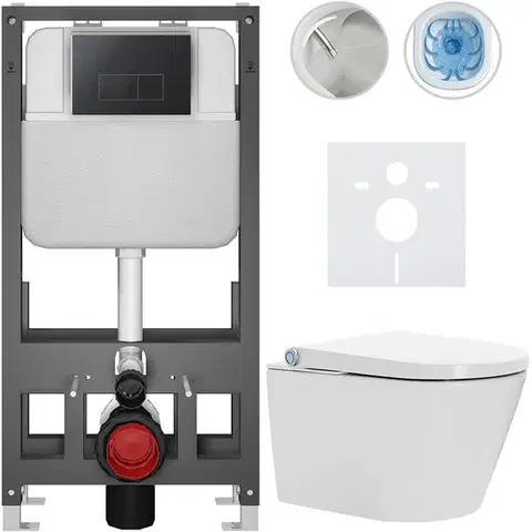 Záchody CERANO - Závesné WC s bidetom Basic/Cronus Standard - biela lesklá - WC tlačidlo Modulo/Čierna - voľne stojaca - predstenová inštalácia - 59,3x38,4 CER-8050BD86457