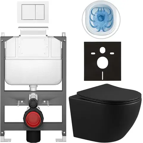 Záchody CERANO - Kompletný WC set Basic/Cesso - čierna matná - WC tlačidlo Maxio/Biela - ovládanie zhora - predstenová inštalácia - 49x36 CER-8050BD86345