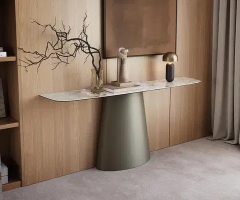 Konzolové stolíky DELIFE Konzolový stolík Edge zaoblený tvar 180×40 cm keramika Minas Melange bielo-béžová Conos kov titánová farba
