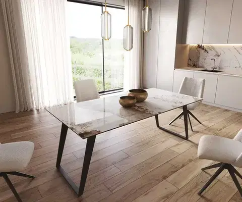 Jedálenské stoly DELIFE Jedálenský stôl Edge 200x100 keramika Minas melange bielo-béžová kovová skosená čierna