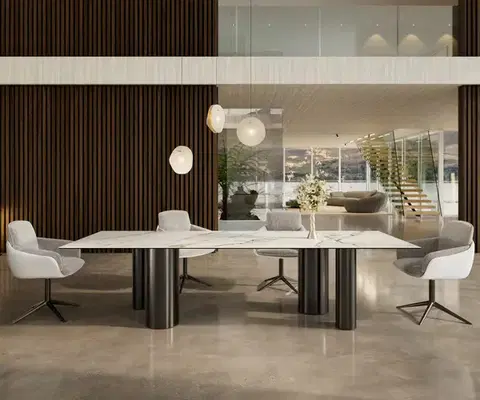 Jedálenské stoly DELIFE Jedálenský stôl Edge 300x100 keramika Calacatta Luxe bielo-zlato-šedá pilier nerezová oceľ grafitová