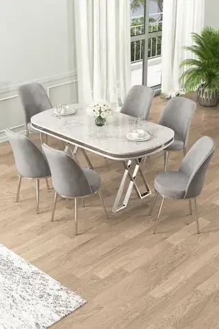 Jedálenské sety Dining Table & Chairs Set (7 Pieces) Lai - White, Chrome, Grey