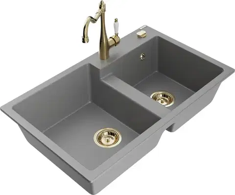 Kuchynské drezy MEXEN/S MEXEN/S - Tomas granitový drez 2-bowl vrátane batérie Carla, šedá 6516-71-670700-50