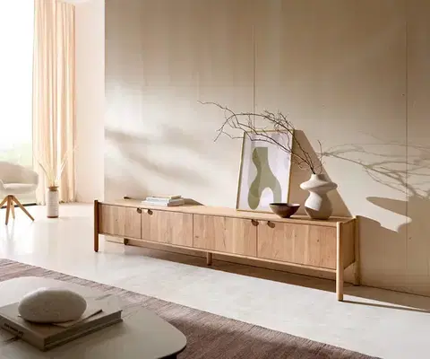 Televízne stolíky DELIFE TV stolík Caius 220 cm akácia Aura 4 dvierka