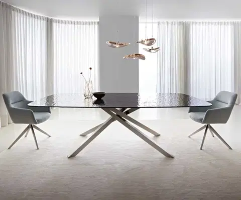 Jedálenské stoly DELIFE Jedálenský stôl Edge zaoblený tvar 240x120 reliéfne sklo dymovo čierna 3D dizajn krížová podstava nerezová oceľ