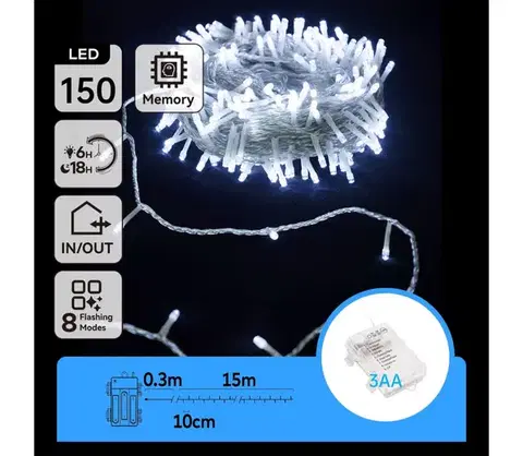 LED osvetlenie  B.V.  - LED vonkajší svetelný reťazec 150xLED/8 funkcií 15,3m IP44 studená biela B10303K1W