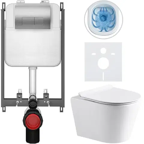 Záchody CERANO - Kompletný WC set Basic/Carlito - biela lesklá - WC tlačidlo Modulo/Strieborná - na zamurovanie - 48,5x36,5 CER-8050BD86056
