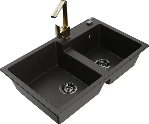 Kuchynské drezy MEXEN/S MEXEN/S - Tomas granitový drez 2-bowl vrátane batérie Rita, čierna/zlatá metalik 6516-75-670300-50-B