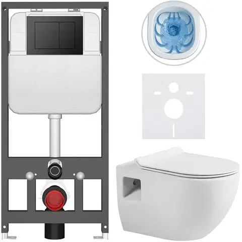 Záchody CERANO - Kompletný WC set Basic/Dure - biela lesklá - WC tlačidlo Maxio/Čierna - závesné - predstenová inštalácia - 51x35 CER-8050BD85893