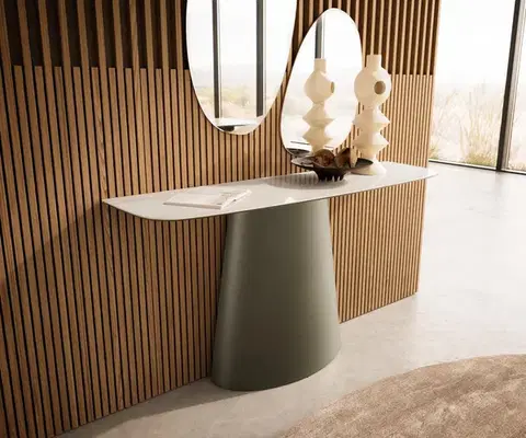Konzolové stolíky DELIFE Konzolový stolík Edge zaoblený 140×40 cm keramika onyx šampanské Conos kov titánová farba