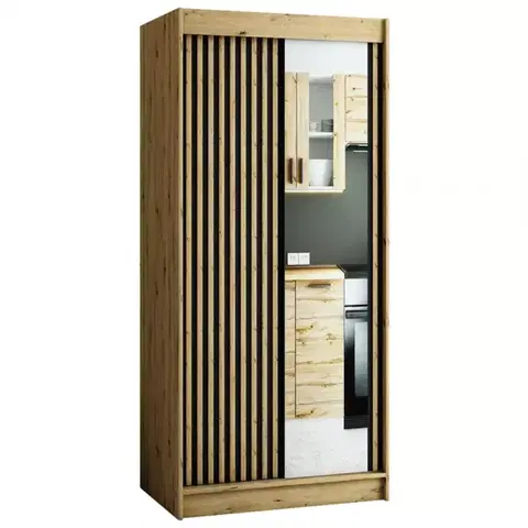 Šatníkové skrine Skriňa Lamelo 2 100 Dub Artisan/čierna/Zrkadlo