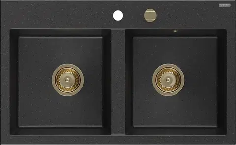 Kuchynské drezy MEXEN/S MEXEN/S - Hektor granitový drez 2-bowl 800 x 480 mm, čierna/strieborná metalík, zlatý sifón 6521802000-73-G