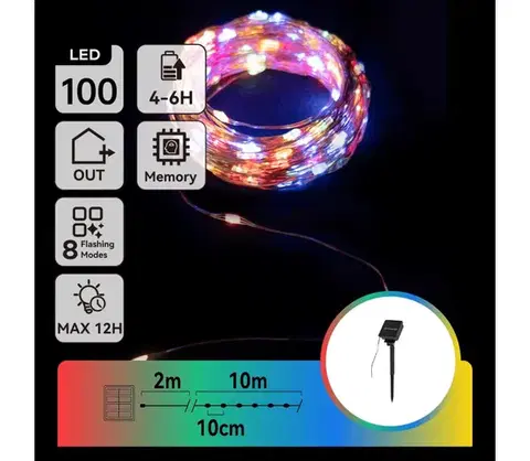 LED osvetlenie  B.V.  - solárny LED reťazec, 100 LED, 8 režimov, 12 m, IP65, viacfarebný B10201K77