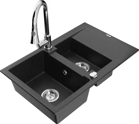 Kuchynské drezy MEXEN/S MEXEN/S - Gaspar granitový drez 1.5 s odkvapkávačom vrátane batérie Elia, čierna/strieborná metalík 6507-73-670101-00