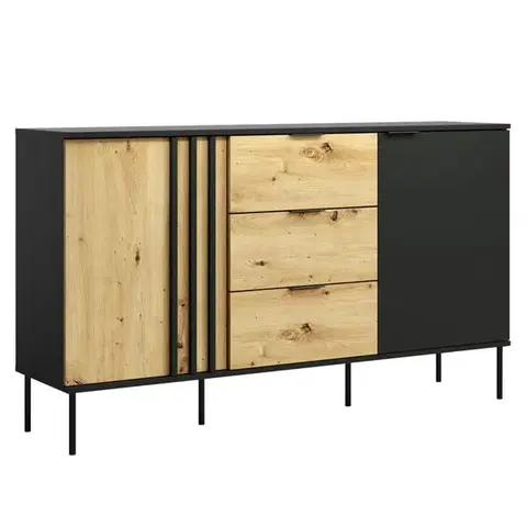 Komody KONDELA Rimina 2D3S dvojdverová komoda so zásuvkami čierna onyx / dub artisan