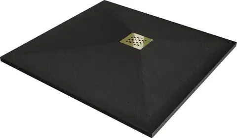 Vane MEXEN/S - Stone+ štvorcová sprchová vanička 70 x 70, čierna, mriežka zlatá 44707070-G