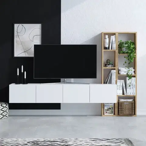 TV stolíky INDY závesný TV stolík s regálom, biela/dub