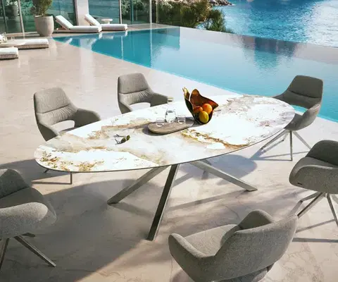 Záhradné stoly DELIFE Záhradný stôl Edge oválny 280x130 cm keramika Minas Melange bielo-béžová krížová podstava obdĺžnik nerezová oceľ