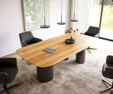Jedálenské stoly DELIFE Jedálenský stôl Edge oválny 240x120x2 5 cm dub prírodný Troa kov čierny švajčiarska hrana