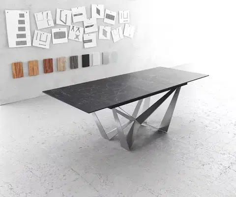 Jedálenské stoly DELIFE Jedálenský stôl Edge 180-220x90 cm keramika Laminam®Nero Greco antracitová stredová podstava plochá oceľ strieborná rozkladací