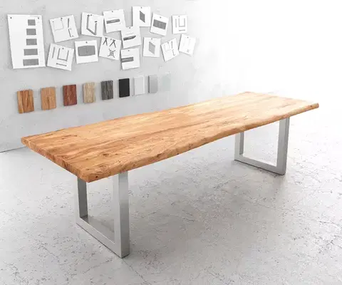 Jedálenské stoly DELIFE Jedálenský stôl Edge 280x100 cm XL akácia prírodná nerezová oceľ široký Live-Edge