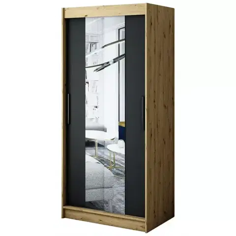 Šatníkové skrine Skriňa Halifax T1 100 Dub Artisan/čierna/Zrkadlo