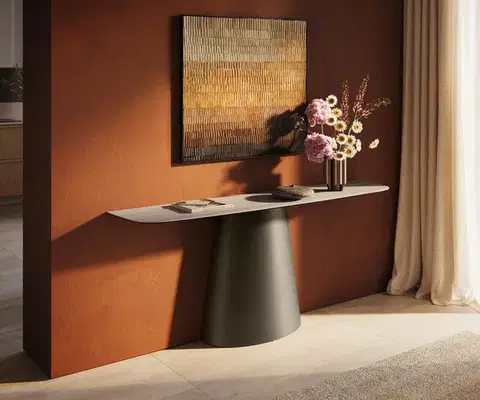 Konzolové stolíky DELIFE Konzolový stolík Edge zaoblený 180×40 cm keramika Laminam® Travertino Bianco krémovo biela Conos kov titánová farba