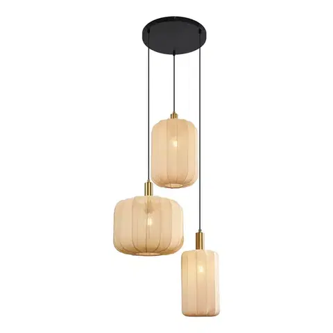 Závesné svietidlá Japandi závesná lampa čierna a zlatá s béžovým tienidlom 3-Lights - Pluni